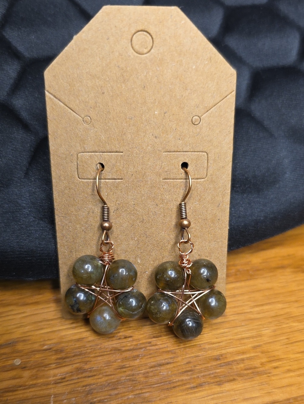 Handcrafted Green Stone Cluster Dangle Earrings - On Copper